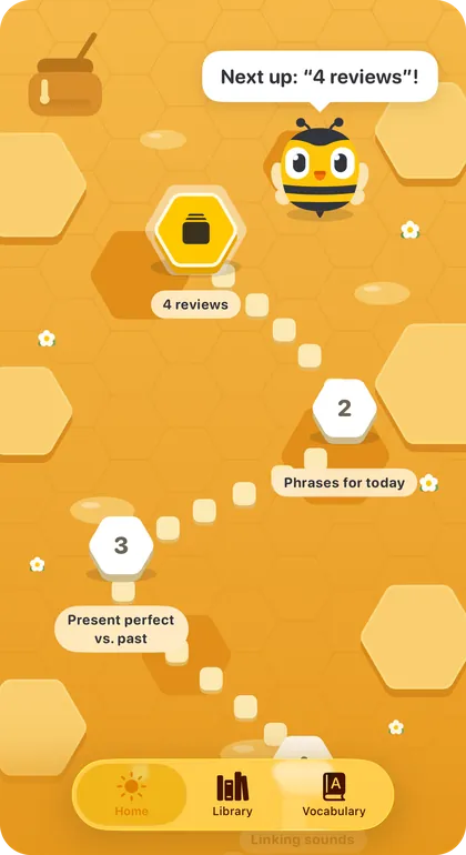 The home screen: hexagonal stops along a path, with a speech bubble saying the next stop is four reviews